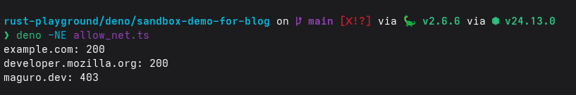 期待通り、example.com と developer.mozilla.org へのアクセスは成功し、maguro.devへのアクセスは失敗している
