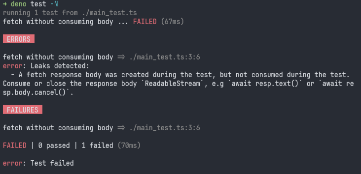 Deno's resource sanitizer detecting unclosed response body